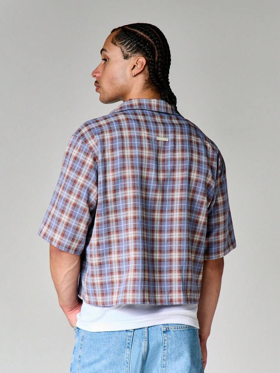 Crop Fit Plaid Check Short Sleeve Shirt With Cross Graphic Print Revere Collar Summer Style