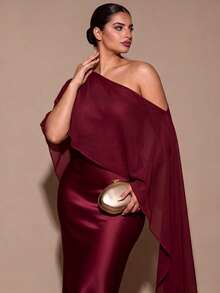 SHEIN BAE CURVE فستان نسائي أنيق طويل بكتف غير متماثل مقاس كبير - عنابي اللون - مشاهدة 6