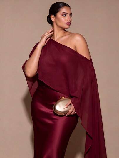 SHEIN BAE CURVE Plus Size Women's Elegant Long Asymmetrical Shoulder Dress