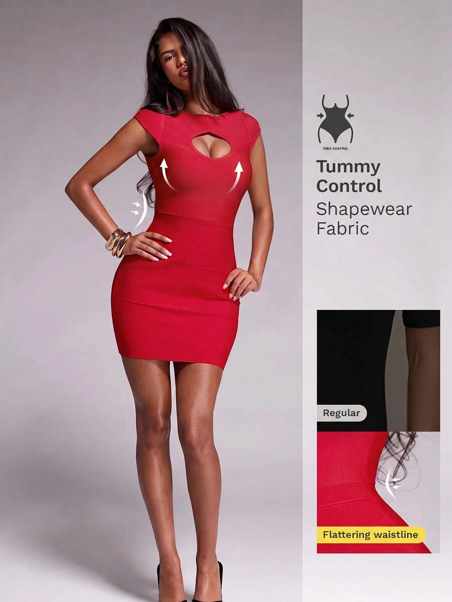 Nuvra Boat Neck Sexy Bandage Hollow Design Fashion Date Night Out Club Party Commute Dress Red Summer - Red - View 1