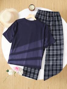 SHEIN 青少年女孩海軍藍短袖T恤與格紋長褲睡衣套裝 - 藏蓝色 - 查看 6