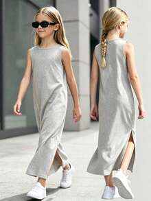 Tween Girl Solid Color Round Neck Side Slit Hem Casual Sleeveless Dress - Grey - View 1