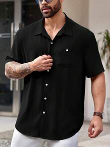 EASEVO Woven Casual Short Sleeve Shirt (Plus Size), Vacation, Father's Day Gifts - Black - View 3