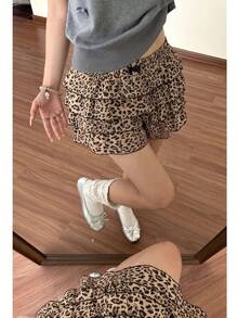 SHEIN MOD Plus Size Women's Fashionable Leopard Print Layered Cake Ruffle Detail Shorts, Summer Cheetah Print - Brown - View 2