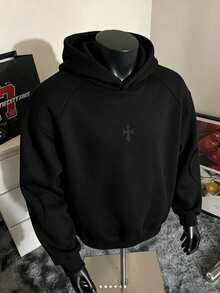 SHEIN 青少年男孩黑色秋季街頭風衛衣，3D十字刺繡拼接設計，柔軟舒適面料，百搭版型，適合街頭出遊、休閒日常穿著及春秋日常 - 黑色 - 查看 3