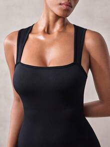 Veilyse 1Pc Women Ribbed Square Neck Sleeveless Bodysuit, High Stretch Seamless Tummy Control Slim Fit Shaper Tank Top Back To School - Black - View 8