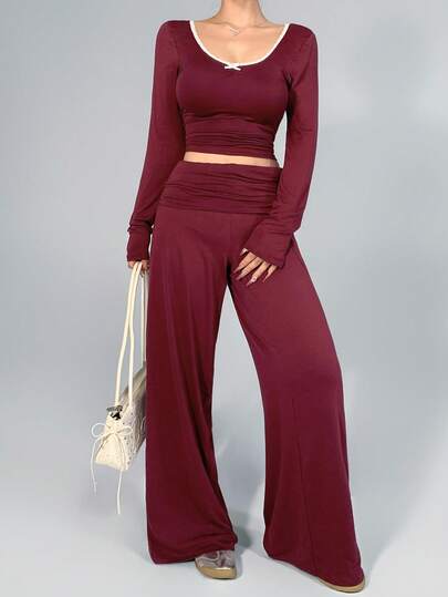 DAZY Women's Bow Decor Long Sleeve T-Shirt And Wide Leg Pants Sports Set