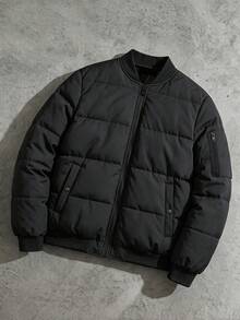 Manfinity Homme Men's Solid Color Long Sleeve Zip-Up Baseball Collar Winter Jacket - Black - View 3