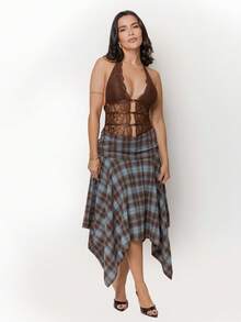 Dania Mndz Shop Women's Retro Blue Plaid Cotton Midi Skirt,Asymmetrical Hem High Low Checkered Skirt,Elegant Winter Date Y2K Style,Perfect For Spring Break - Blue - View 1