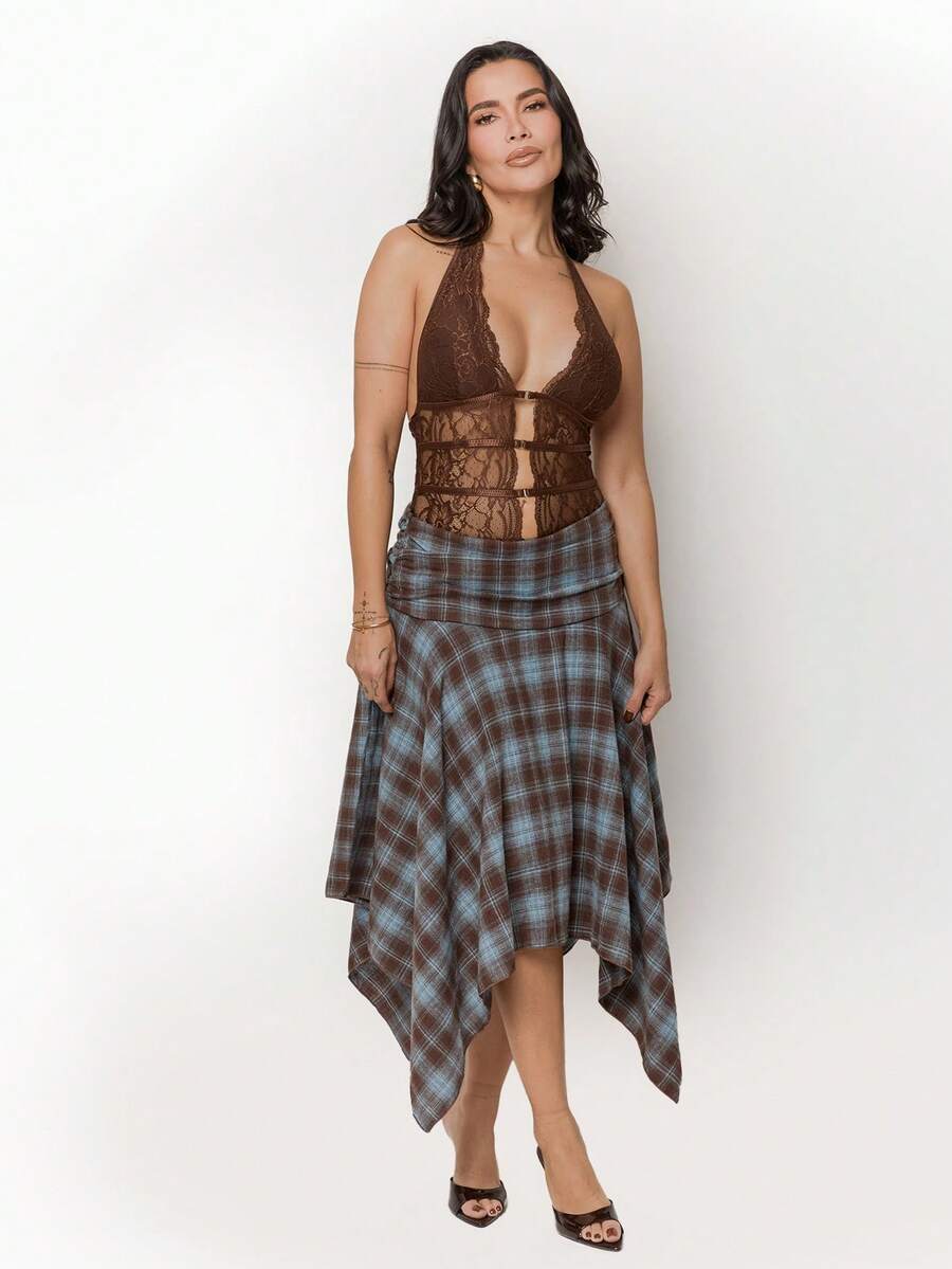 Dania Mndz Shop Women's Retro Blue Plaid Cotton Midi Skirt,Asymmetrical Hem High Low Checkered Skirt,Elegant Winter Date Y2K Style,Perfect For Spring Break - Blue - View 1