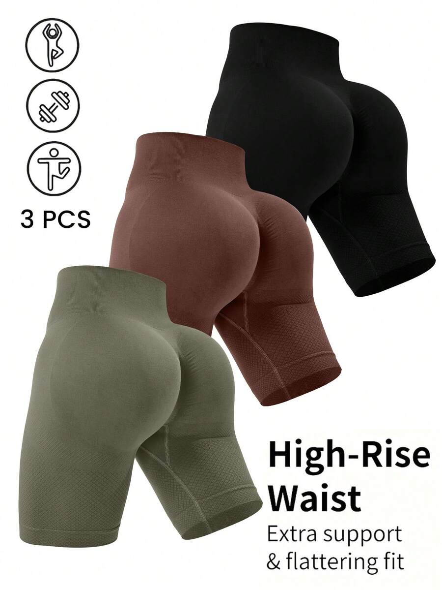 Easithlete Easithlete 3件組女款純色高腰休閒運動短褲,低腰日常旅行皮拉提斯健身運動短褲,黑色、棕色、橄欖綠,夏季款 - 彩色 - 查看 1