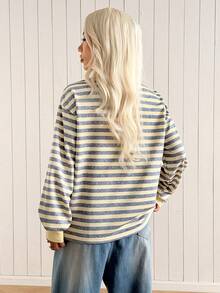 SHEIN EZwear 女款時尚百搭條紋長袖圓領運動衫 - 黃色 - 查看 3