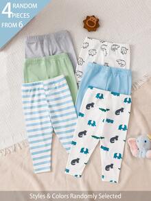 SHEIN Playful Pals 4pcs]Unisex Baby Striped Blue Green White Gray Solid Color Dinosaur Pattern Print Long Pants Multi-Piece Set Daily Wear Discount Pack - Multicolor - View 2