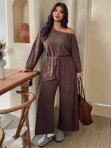 SHEIN Frenchy Plus Size Women Solid Color Asymmetric Neck Casual Daily Wear Jumpsuit Fall - Brown - View 5