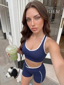Gameset SHEIN Sport Seamless Sports Halter Neck Bra With Criss-Cross Waist Contrast Color Shorts - Navy Blue - View 7