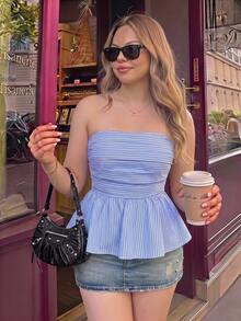 SHEIN MOD 大码女式夏季条纹露肩上衣 - 藍白色 - 查看 3