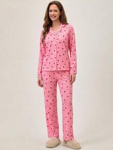 SHEIN Women 2 Pcs Pink Button Front With Striped&Heart Pattern Homewear Cute Pajama Set - Pink - View 3