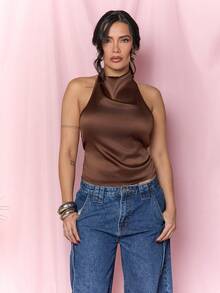 Dania Mndz Shop Women's New Turtleneck Open Back Tie Hem Brown Tank Top For Autumn/Winter Party & Evening,, Spring/Summer Casual - Brown - View 2