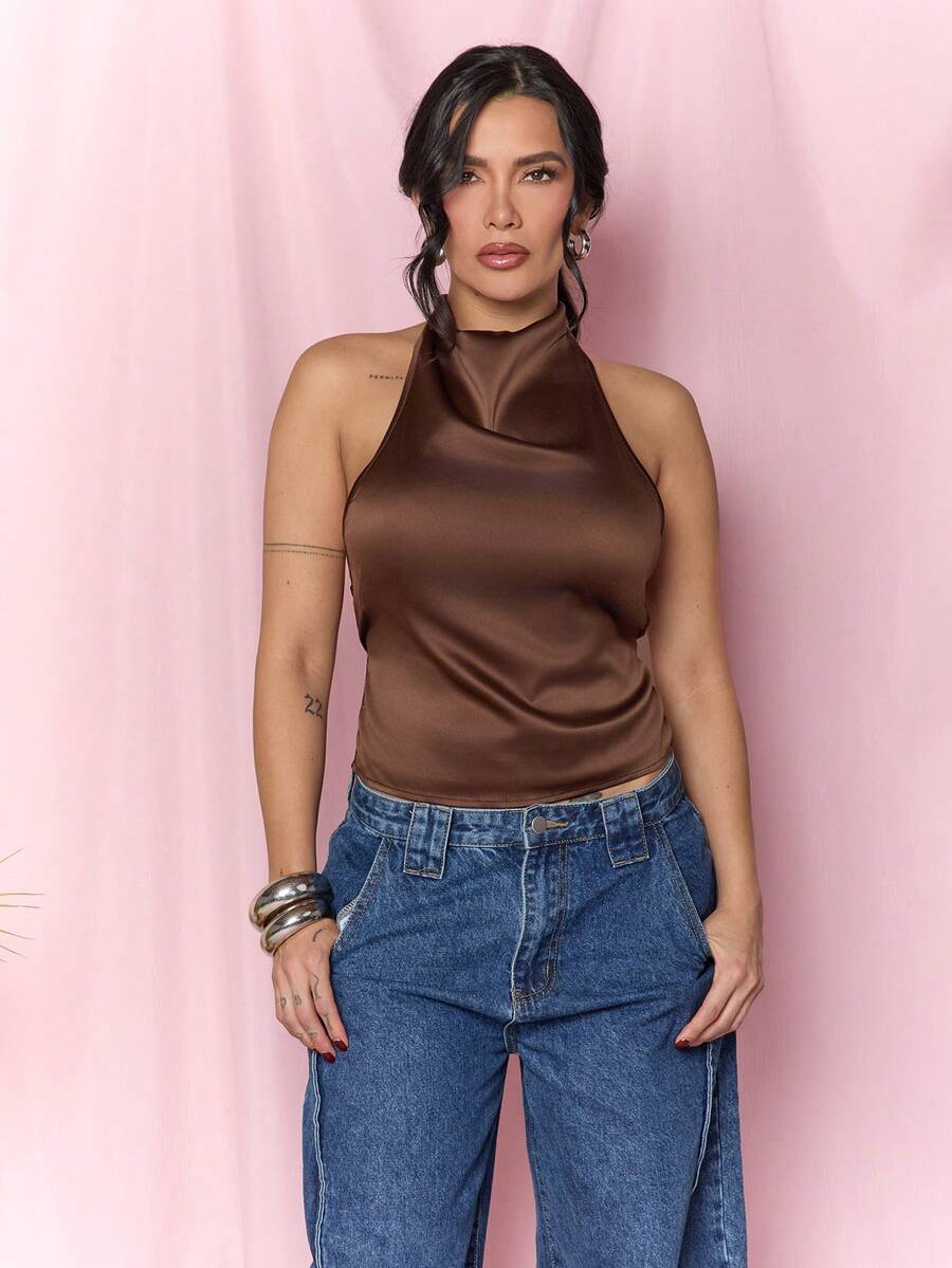 Dania Mndz Shop Women's New Turtleneck Open Back Tie Hem Brown Tank Top For Autumn/Winter Party & Evening,, Spring/Summer Casual