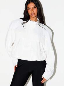 KIZN Oversized Shoulder Pad Windbreaker Jacket Stand Collar Cropped Hem Lightweight Outerwear Fall Spring - White - View 4