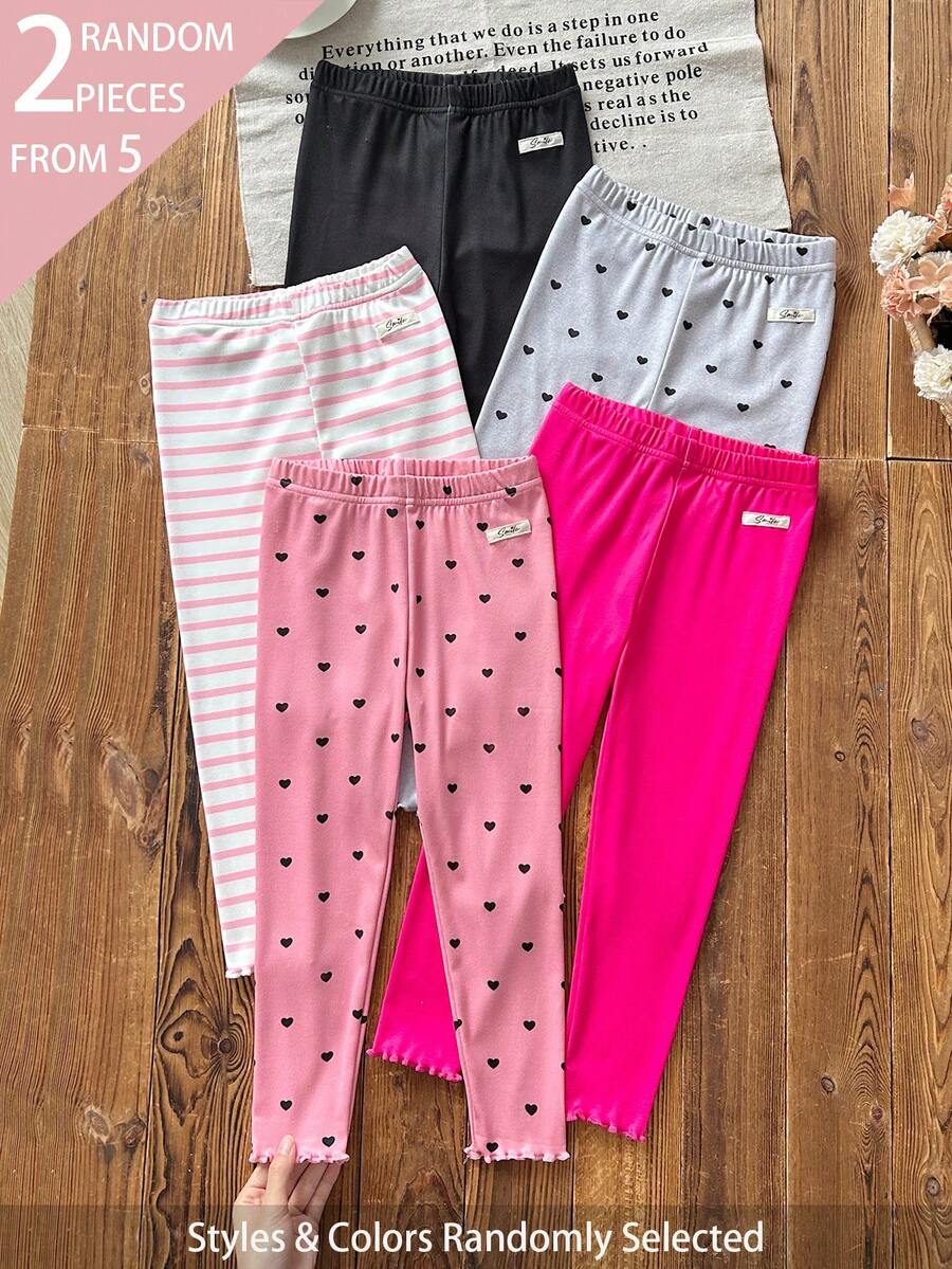 SHEIN 5pcs Randomly Sent 2pcs Spring Summer All Season Girls Heart Stripe Sweet Cute Versatile Pink Grey Black Soft Comfortable Ribbed Knit Leggings