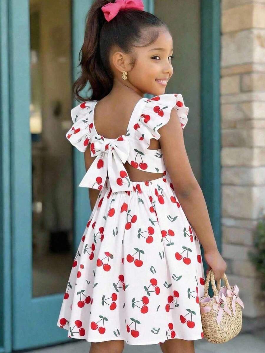 SHEIN Tween Girl Tween Girl Tween Girl Cute Vacation Cherry Print Dress - Multicolor - View 1