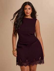 SHEIN BAE CURVE 大尺碼女款黑色蕾絲拼接無袖洋裝 - 酒紅色 - 查看 5