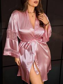 SilkySpell Lace Mesh Patchwork Faux Silk Sexy Plus Size Nightgown - Baby Pink - View 5