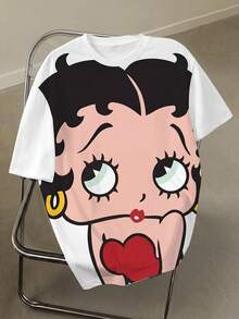 Betty Boop x SHEIN 夏季加大码休闲卡通印花T恤 - 白色 - 查看 1