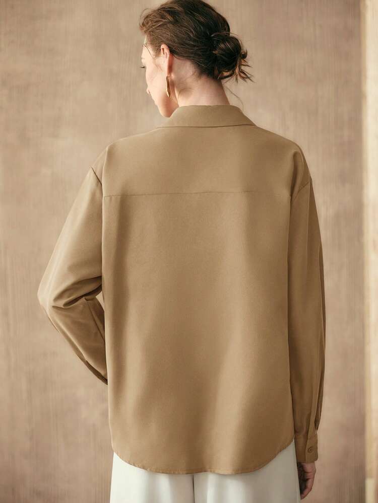 Arave Women's Woven Plain Fabric Shirt Collar Regular Shoulder Long Sleeve Half-Open Front Design Casual Straight Fit Shirt - Mocha Brown - View 5