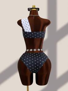 Costavie 女款性感單肩抓皺波點印花背心上衣與三角比基尼泳褲泳裝套裝 - 彩色 - 查看 2