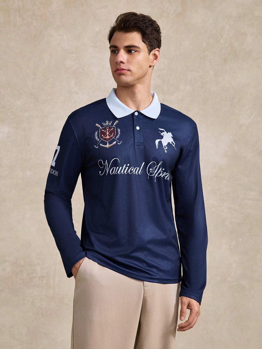 Courvante 男士時尚騎士字母印花鈕扣長袖 Polo 衫,適合高爾夫、網球、秋季 - 藏蓝色 - 查看 1