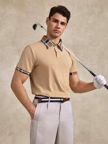 Courvante Men's Solid Color Patchwork Front Button Short Sleeve Casual T-Shirt - Khaki - View 4