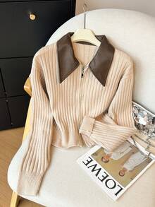 Muvela Cardigan tricoté court décontracté pour femme, vintage élégant, beige, patchwork, col, double fermeture éclair devant, automne/bureau, brunch, quotidien, rendez-vous, fête des enseignants - Kaki - Voir 3
