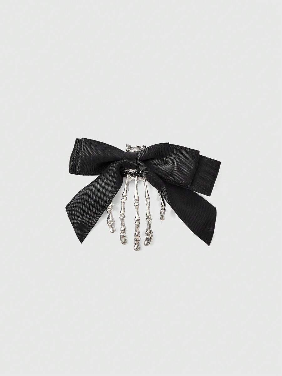 ROMWE Goth 1 Silver Ghost Claw Bone Satin Bow Edge Clip, Halloween Niche Spice Girl Headdress - Silver - View 1