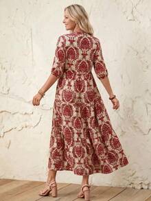 SHEIN LUNE Women's Casual Mid-Length Dress With Small V-Neck, Mid-Sleeves And Color Block Patchwork Design, Spring/Summer - Redwood - View 2