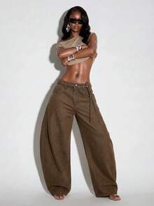 Normani Women's Fashion Versatile Button Pocket Loose Fit Denim Jeans Women's Fall Teacher Pants - Coffee Brown - View 5