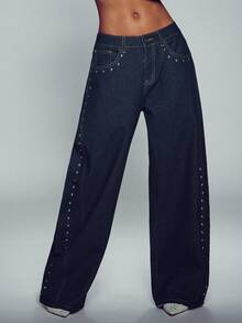 Normani Women's Fashion Studded Button Pocket Loose Fit Denim Jeans Fall Teacher Nightout Pants Navy Blue Y2k Casual - Dark Wash - View 5