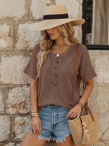 EMERY ROSE Relaxed Vacation Solid Color Dolman Sleeve Button Front T-Shirt - Khaki - View 3