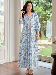 Al Najma 女款印花圓領蕾絲飾邊拼接A字洋裝 - 藍色 - 查看 6