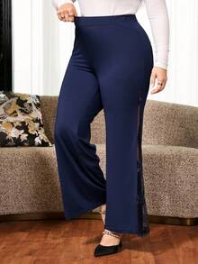 SHEIN Clasi بنطلون نسائي مقاس كبير بخصر عالي وتصميم مرقع مطرز من الشبك بساق واسعة - الأزرق - مشاهدة 8