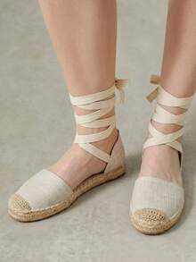 Styleloop Ladies, Straw Twine, Herringbone Straps, Flat Shoes. - Apricot - View 4