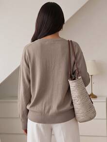 Duskaine Women's Lace Patchwork Batwing Sleeve Sweater - Khaki - View 2