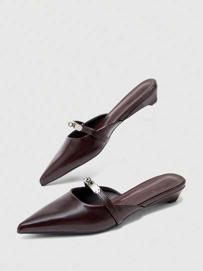 CUCCOO BIZCHIC Women's Pointed Small Slope Heel Brown Metal Buckle Women's Mules Shoes Mules Shoes Simple Commuting Backless Women's Shoes Suitable For Work