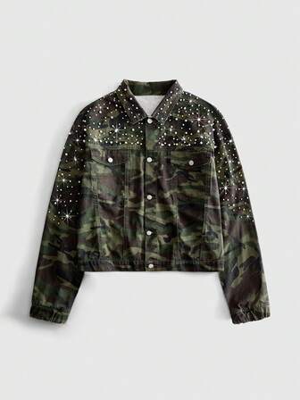 Street Life Herren Vintage gewaschene Camouflage schwere Perlen- & Strass-verzierte Revers-Langarm-Kurz-Denim Jacke, Frühling/Herbst vielseitige elastische Bündchen Arbeitskleidung Jacke, Lässig Streetwear Party