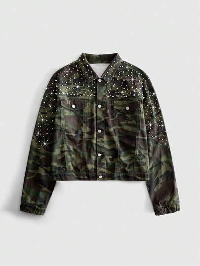 Street Life Giacca di jeans corta da uomo vintage lavata con mimetico, decorata con perle pesanti e strass, con revers e maniche lunghe, versatile per primavera/autunno, con polsini elastici, stile workwear casual streetwear per feste
