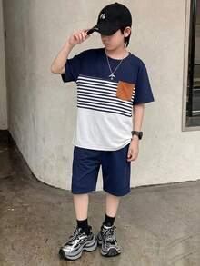 SHEIN Vacaura 男童休闲撞色圆领T恤套装（2件/套），舒适时尚，适合日常、上学和运动穿着。 - 藏蓝色 - 查看 4