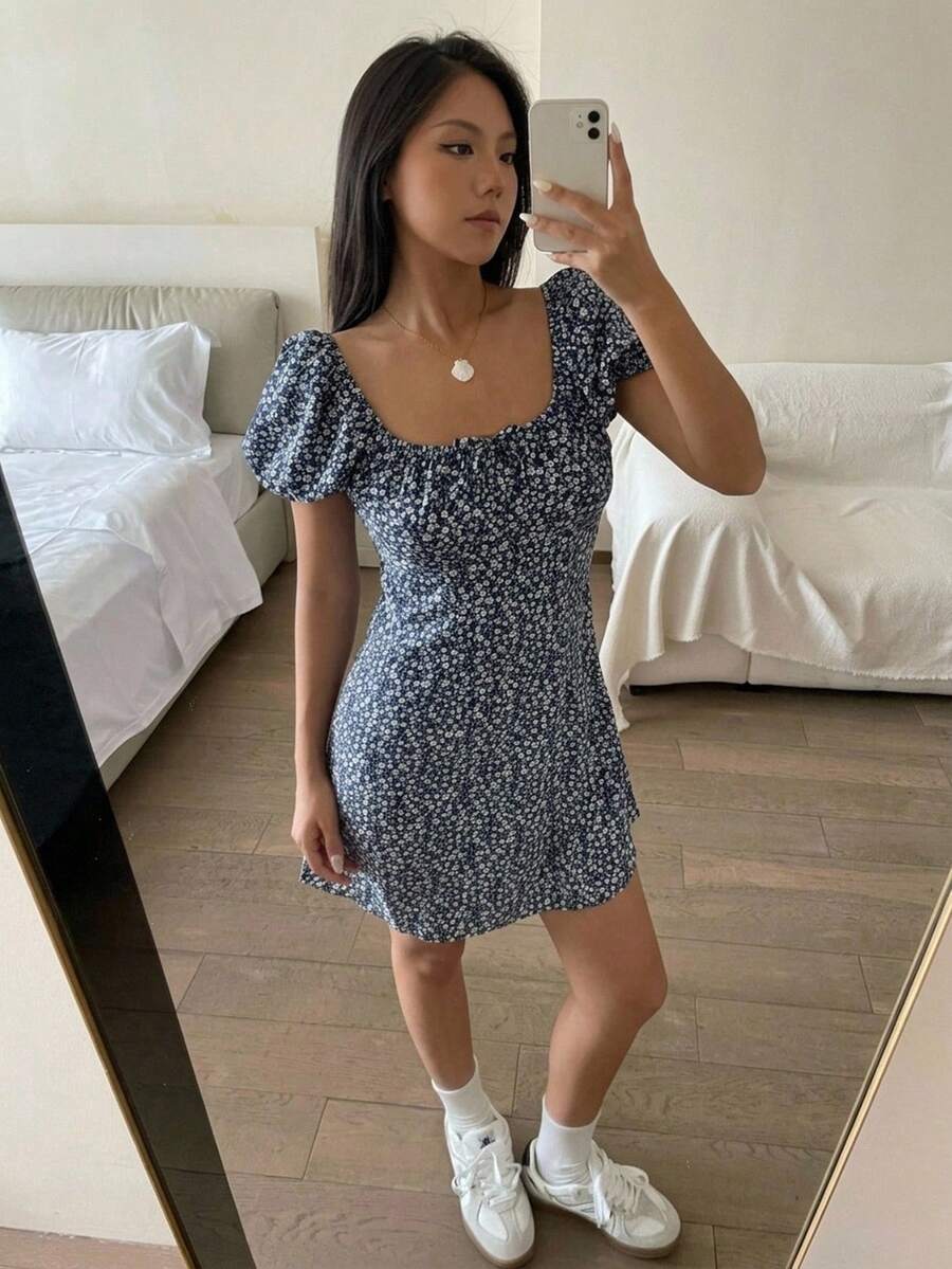 Tween 女童海军蓝碎花立领蝴蝶结前开襟泡泡袖迷你连衣裙,适合派对、度假、郊游、沿海奶奶装 - 藍白色 - 查看 1