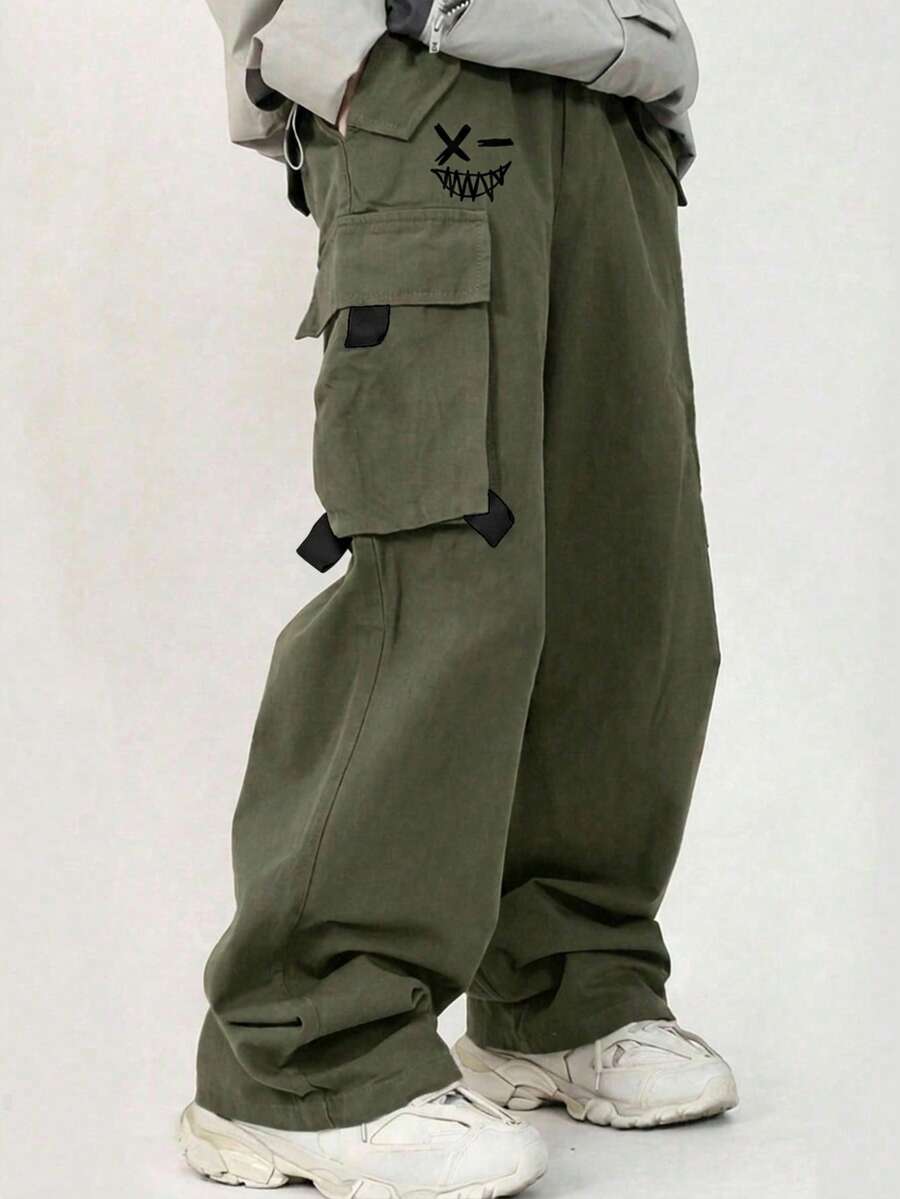 兒童青少年男孩 Y2K 休閒舒適寬鬆直筒軍綠色工裝褲,適合學校、生日、秋季/秋冬穿著 - 軍綠色 - 查看 1