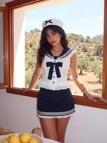 Sweetina Minimalist Sexy Navy Style Ruffle Trim Top & Contrast Color Bodycon Skirt Women 2 Pieces Set - White - View 4